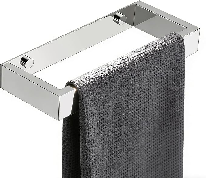 Sayayo Chrome Towel Bar for Bathroom Wall, 8 Inch Hand Towel Holder, Screw or Self Adhesive Towel Ring Square SUS304 Stainless Steel, 3.2 Inch Wider Design