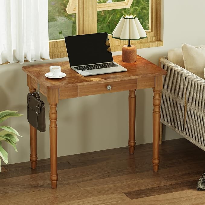 Vintage Solid Wood Writing Desk - 31.5" Mid Century Modern Desk with Drawer, Small Wooden Computer Desks for Home Office, Secretary Desks, Traditional Vanity Dressing Table for Bedroom, Walnut