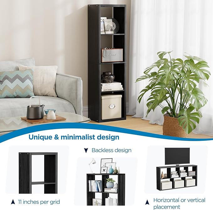 4 Cube Storage Organizer Single Row, Cube Shelf with Heavy-Duty Thick Boards, 13.31" L x 9.37" W x 48.82" H, Smooth Easy-Clean Panels, Simple Assembly, for Living Room Bedroom Office, Black