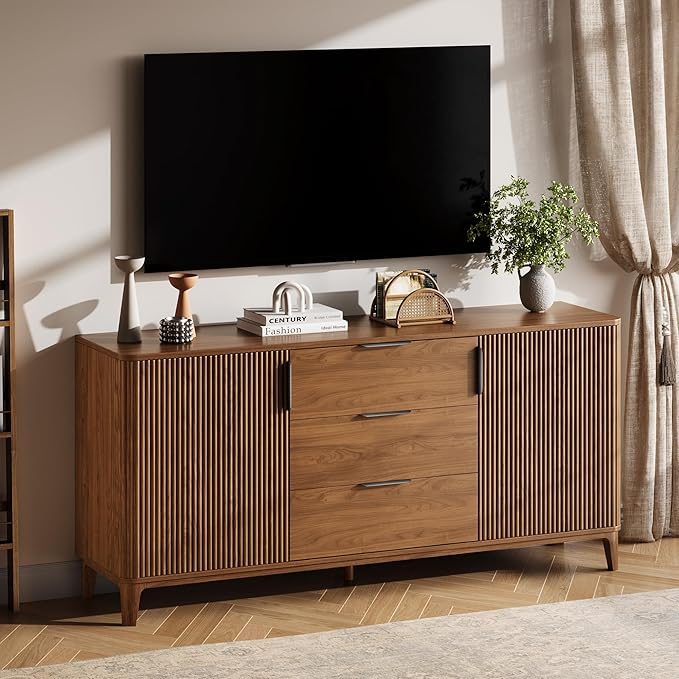 59" Fluted Sideboard Buffet Cabinet with 2 Doors and 3 Drawers, Large Modern Mid Century Buffet Table Coffee Bar Wine Bar Storage Cabinet with Adjustable Shelves for Dining Room, Living Room Walnut