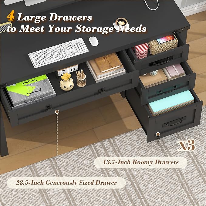 YOMILUVE Farmhouse Computer Desk with Drawers, 47" Small Computer Desk with Power Outlets, Home Office Desk with Monitor Stand & 4 Drawers, Writing Study Table, Black
