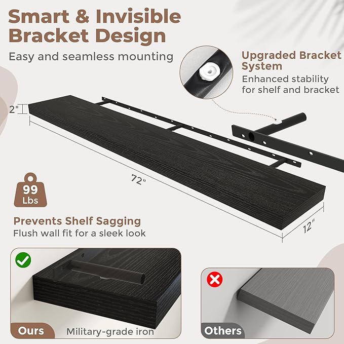 Marsmiles 12" Deep Floating Shelves for Wall with Invisible Brackets, Wall Mounted Engineered Wood Shelves with Wood Grain for Living Room, Bedroom, Kitchen Decor and Storage, 72" L Set of 1, Black