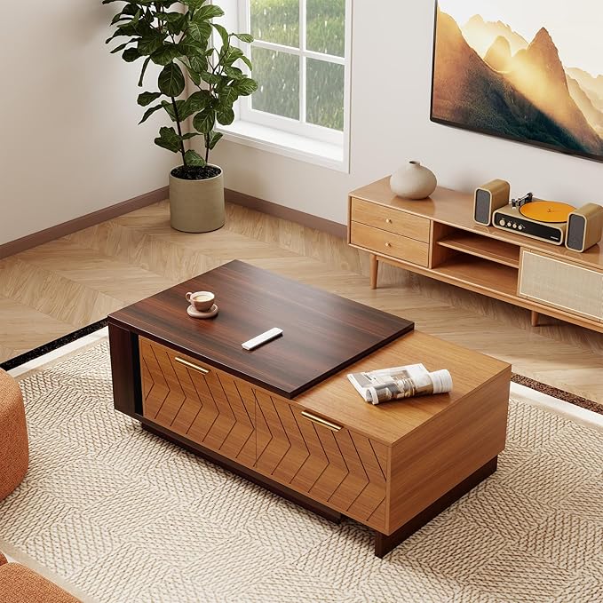 42"- 65" Extendable Coffee Table with Storage, Reversible Wood Coffee Table with 2 Drawers, Two-Tone Large Adjustable Coffee Tables for Living Room, Office (Dark Walnut)