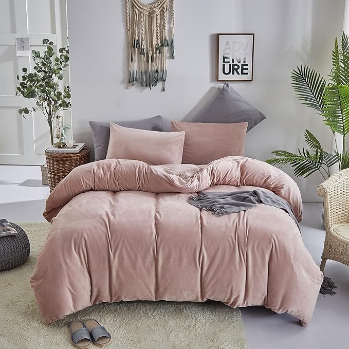 Pureant Pink Velvet Comforter Sets Queen Women Girls Blush Pink Fluffy Bedding Comforters Adults Teens Cute Dusty Pink Winter Quilts Solid Light Red Flannel Quilt Bean Pink Micromink Sherpa Plush Bed