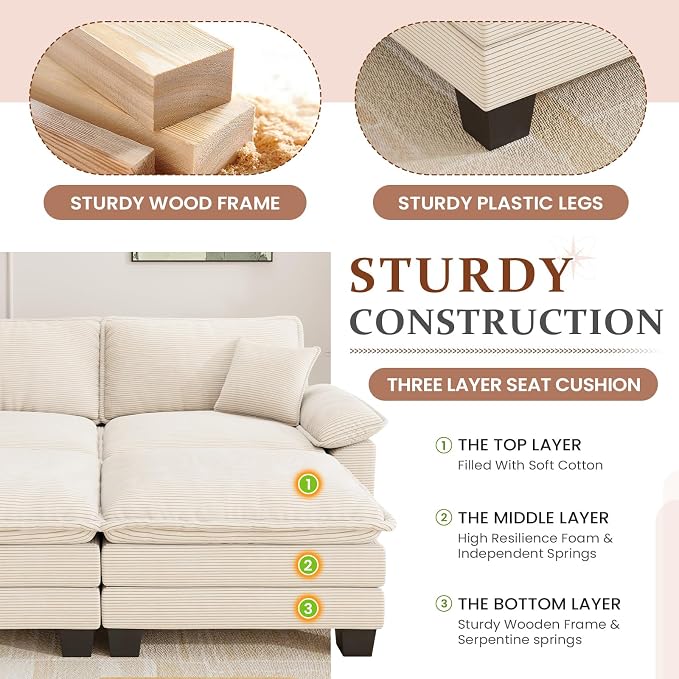 Modular Sectional Sofa Cloud Couch, Comfy Corduroy Loveseat with Ottoman Upholstered Deep Seat Sleeper Sofa Bed 2 Seater Couch Oversized Chaise Lounge Chair Indoor for Living Room Bedroom, Beige