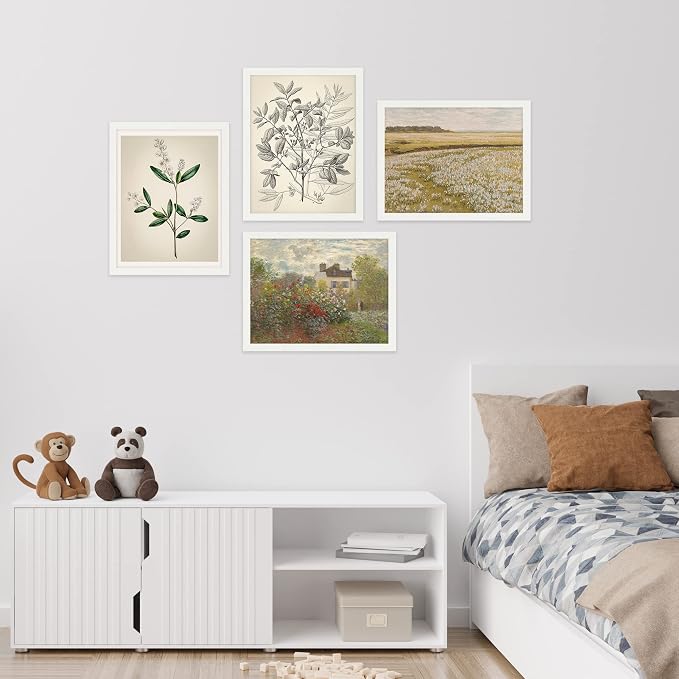 SIGNWIN Framed Poster Bathroom Decor 11"x14"x 4 White, Wall Art Room Decor Multicolor for Living Room, Bedroom, Office Autumn Spring Rustic Flower Landscape Classic Vintage Retro Illustrations
