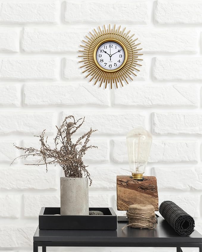Gold Sunburst 10 Inch Small Wall Clock Battery Operated, Modern Boho Decorative Wall Clock for Living Room, Bedroom, Kitchen, Office, Bathroom