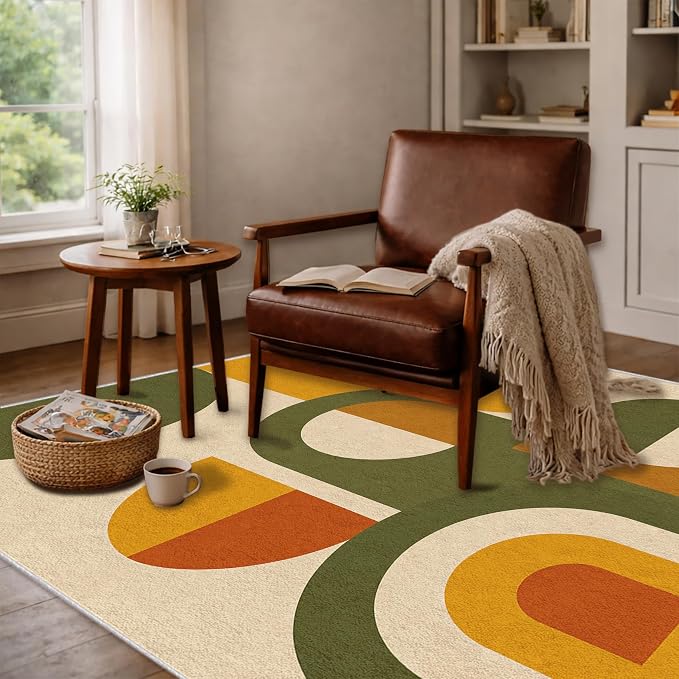 Mid Century Area Rug 6x8, Home Decor | Olive Mustard Bauhaus Circle, Retro Geometric Rug for Living Room, Bedroom, Home Office, Non Slip, Washable, Low Pile
