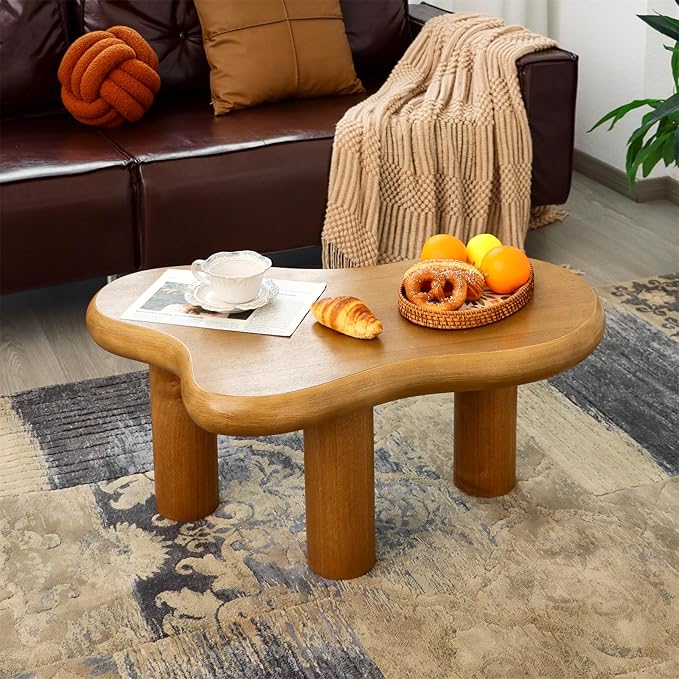 34"(L) Cloud Coffee Table, Modern Wood Coffee Table for Living Room, Accent Center Tables with 3 Legs, Small Tea Tables for Balcony, Patio, Bedroom, Wood