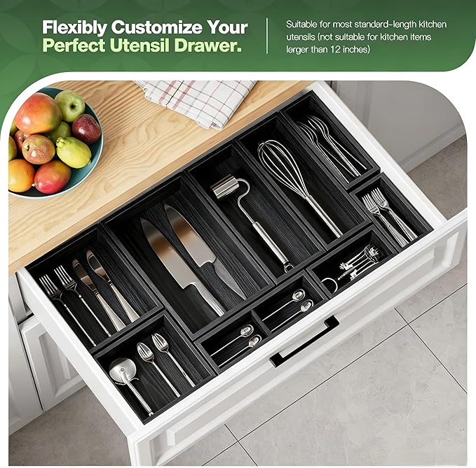 9-Pack Solid Wood Junk Drawer Organizer, Modular Desk Drawer Tray & Accessories with Non-Slip Pad, Multi-Use for Kitchen, Office, Bedroom Dresser, Utensil, Makeup, Stationery, Tea Bags & Coffee Pod