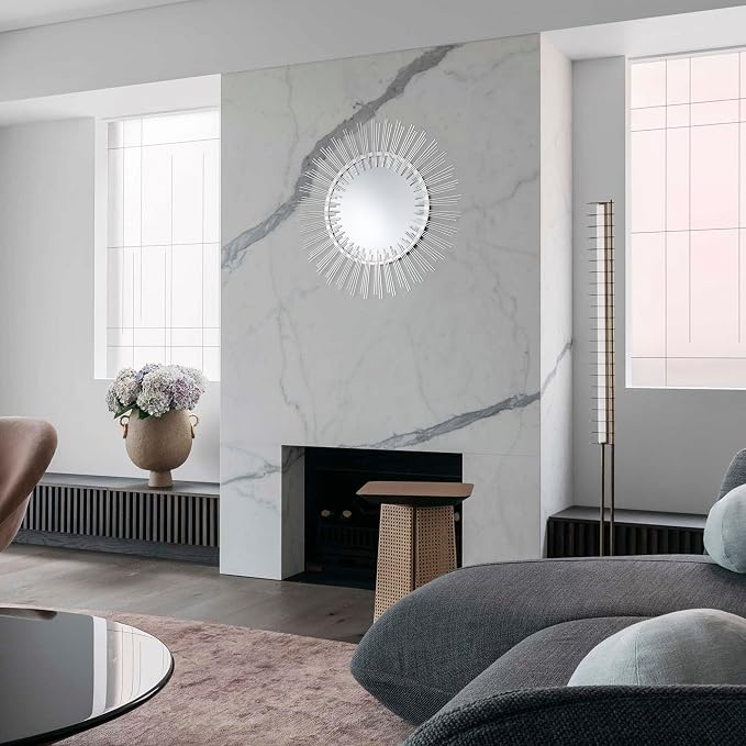 Edvivi Round 31" Silver Sunburst Hanging Wall Mirror with Metal Frame, Decorative Mirror for the Living Room, Bedroom, Bathroom, Hallway, and Entryway