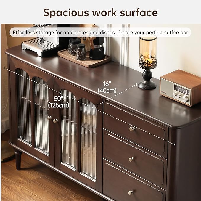 YESWOOD Mid-Century Modern Sideboard Buffet Cabinet with Storage, 49.2'' Vintage Storage Cabinet with Arch Fluted Glass Door & 3 Drawers for Dining Room, Living Room, Entryway, Walnut