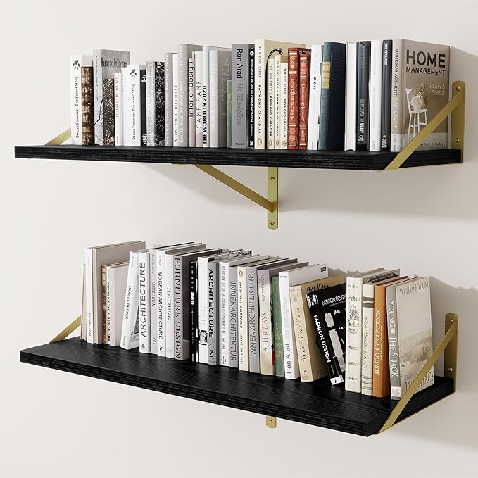 Deep Wall Shelves 36"W x 12"D Engineered Wood Floating Shelves for Wall, Sturdy Metal Bracket(Gold) Bookshelves Home Decor Storage for Living Room Bedroom Bathroom Kitchen, Set of 2, Black Finish