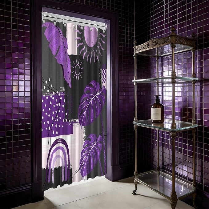 Small Stall Narrow Shower Curtain Purple and Gray Stand Up Dark Purple and Grey Abstract Shower Curtains for Rv Camper Bathroom Decor Sets, Waterproof Cloth Fabric with Hooks, 48 x 72 Inch