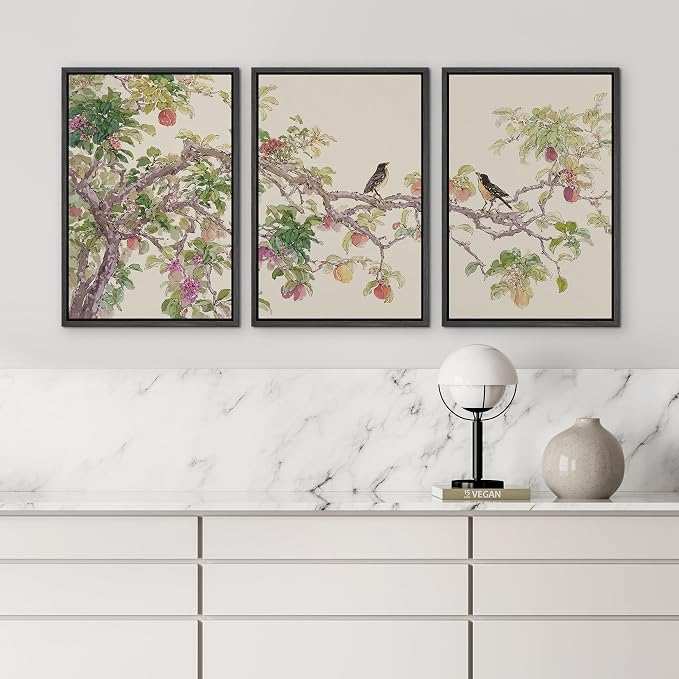wall26 Framed Print Wall Art Set Watercolor Fruit Tree Branch with Birds Botanical Decorative Minimal Relax/Zen for Living Room, Bedroom, Office - 16"x24"x3 BLACK