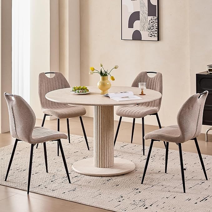 47" Round Dining Table for 4, [Cylinder Pedestal Base] [Stone-Patterned] Modern Circle Dinner Table for Kitchen Dining Living Room, Natual