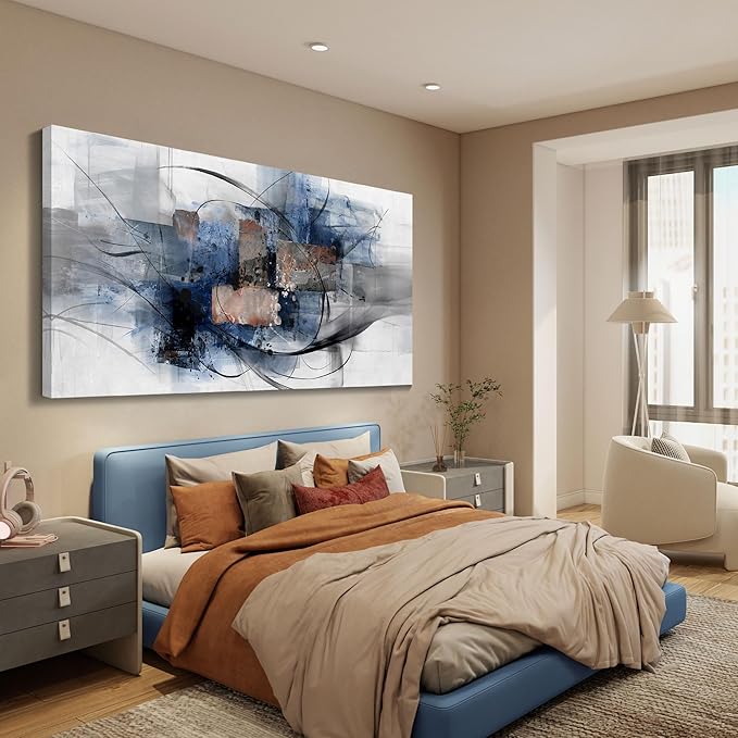 Mofutinpo Black and Blue Wall Art Decor - Abstract Canvas Wall Art for Living Room, Bedroom, Office - Modern Black and White Paintings,Blue and Grey Wall Decor, Artwork and Pictures for Wall 29×58