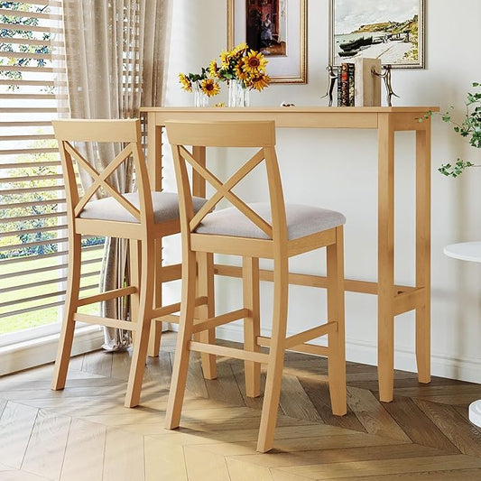 VilroCaz Farmhouse 3-Piece Counter Height Wood Kitchen Dining Sets, Home Bar Pub Kitchen Breakfast Set, 48'' Long Bar Table with 2 Upholstery Chairs for Small Places