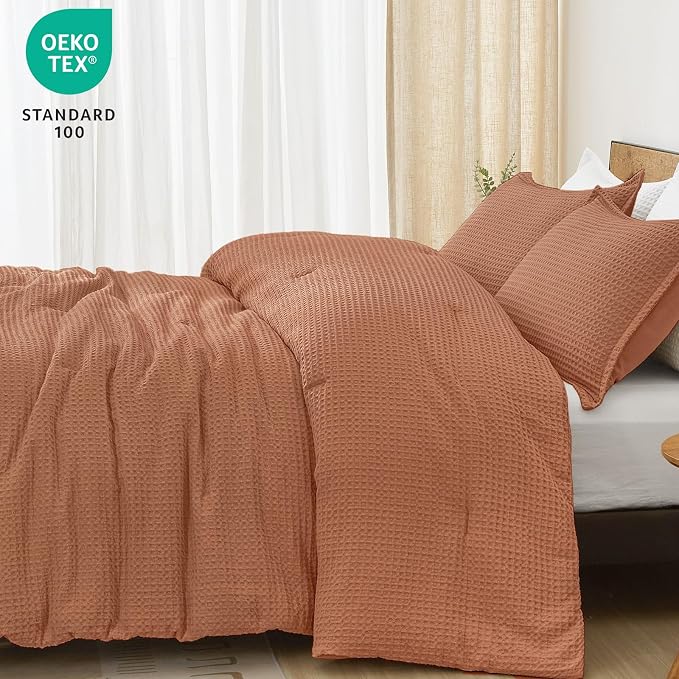 PHF Ultra Soft Waffle Weave Comforter Set Queen Size, 3 Pieces Lightweight Breathable Comfy Bedding Set, Comfy Textured 1 Comforter with 2 Pillow Shams, Terra Cotta