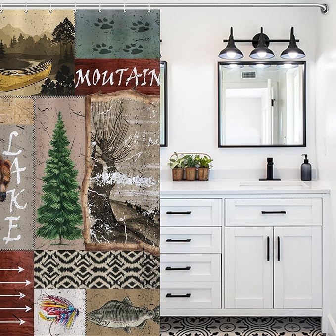 Retro Rustic Bear Shower Curtains, Vintage Deer Farmhouse Forest Cabin Lodge Woodland Adventure Cottage Country Waterproof Shower Curtains for Bathroom Decor 12 Pack Hooks 55x72in（140x183cm）