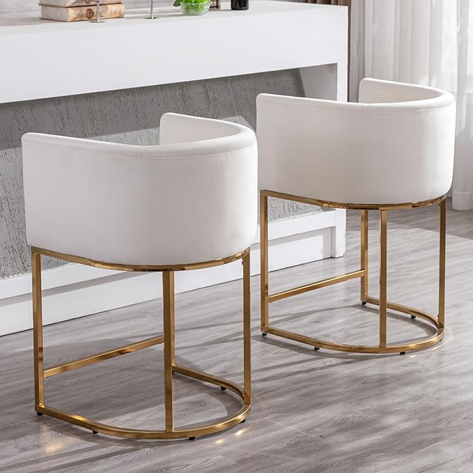 Contemporary Cream Velvet Bar Stools Set of 2, 24" Upholstered Fabric Counter Height Barstools Kitchen Counter Island Stools with Screwed Together Golden Metal Base