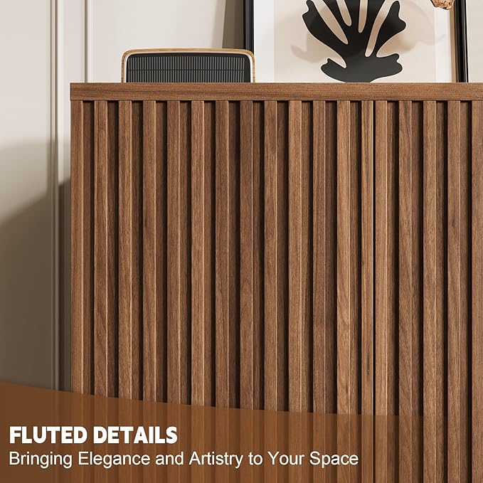 Rophefx Fluted Sideboard Cabinet, 126" Buffet Cabinet with Storage, Credenza Storage Cabinets with Adjustable Shelf, Wood Entryway Cabinets with Pop-up Doors for Living Room, Entryway, Hallway, Walnut