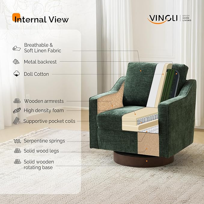 VINGLI Mid-Century Modern Swivel Accent Chairs Set of 2, 360°Upholstered Armchairs, Home Sofa with Track Arms for Living Room, Bedroom, Reading Room, Club Swivel Chairs, Chenille Green