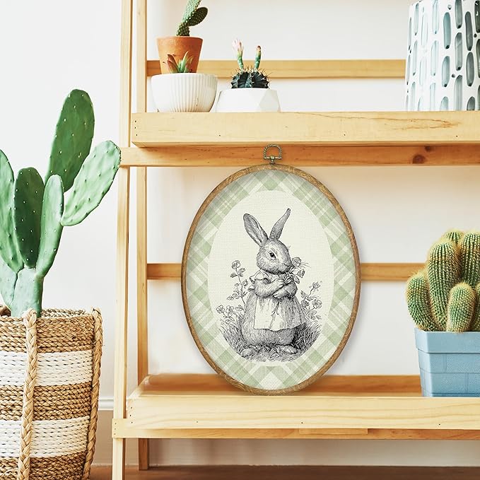 CGBHW Vintage Bunny Nursery Oval Wall Art Decor, Grandmillennial Floral Bunnyxxx Canvas Prints Framed, Rustic Easter Rabbit Wall Art Hanging Decor for Nursery Home Kitchen Bedroom Living Room, 8.6x11.4 Inch