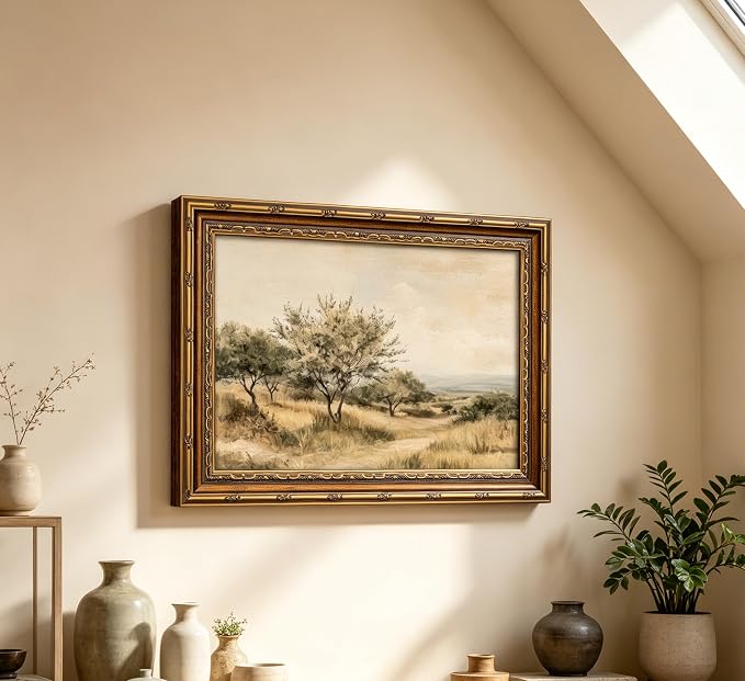 Vintage Gold Framed Olive Tree Landscape Wall Art - Retro Country Farmhouse Canvas Prints, Rustic Nature Scene Painting Prints Artwork for Living Room Bedroom Dining Room Decor，12x16in