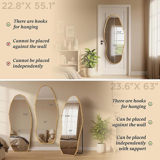 Mirror Full Length - Irregular Full Body Wall Mirror Hanging 55"x 23" Asymmetrical Aviation Aluminum Alloy Frame Unique for Bedroom, Living Room, Cloakroom, Entryway