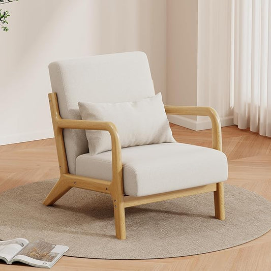 Solid Wood Accent Chair Mid-Century Modern Lounge Armchairs, Fabric Upholstered Soft Comfy Living Room Chairs with Armrest Waist Cushion Pillow for Office Reading Waiting Room (Off-White)