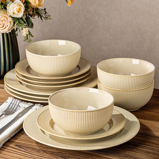 TheTerra Stoneware Dinnerware Sets for 4, 12 Pieces Ceramic Plates and Bowls Sets, Scratch Resistant Embossed Dish Set, Oven, Microwave & Dishwasher Safe, Cappuccino