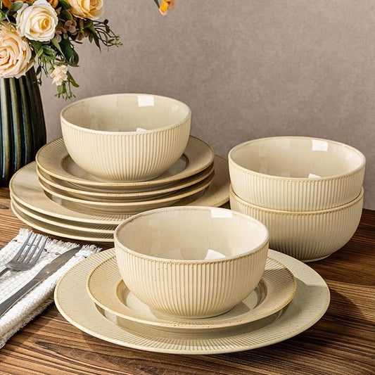 TheTerra Stoneware Dinnerware Sets for 4, 12 Pieces Ceramic Plates and Bowls Sets, Scratch Resistant Embossed Dish Set, Oven, Microwave & Dishwasher Safe, Cappuccino