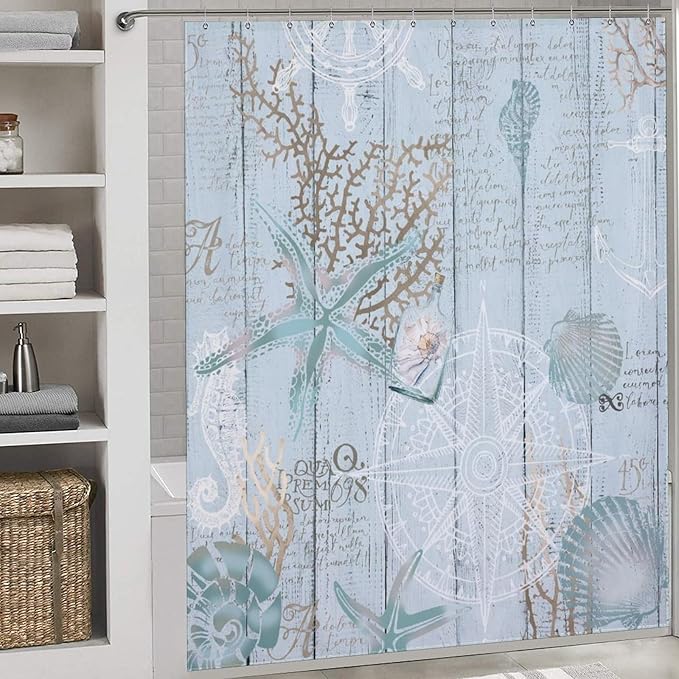 Blue Nautical Coastal Shower Curtains,Vintage Marine Coastal Sailboat Compass Anchor Ocean Beach Theme Bathroom Curtain Waterproof Fabric Machine Washable with Hooks,72x84Inch