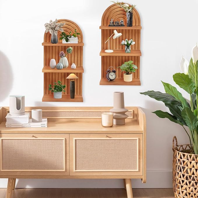 Boho Wall Decor Floating Shelves for Bedroom and Living Room, Mid Century Modern Wooden Wall Shelf Set for Plants and Display, Vintage Arched Decorative Shelves 2 pcs