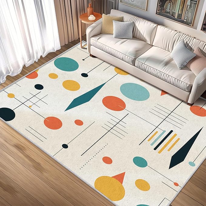 Mid Century Rugs for Living Room 8x10, Retro 50s Geometric Modern Abstract Colorful Pattern Design Area Rug, Mid Century Bedroom Decor Carpet, Non Slip, Washable (RG541)
