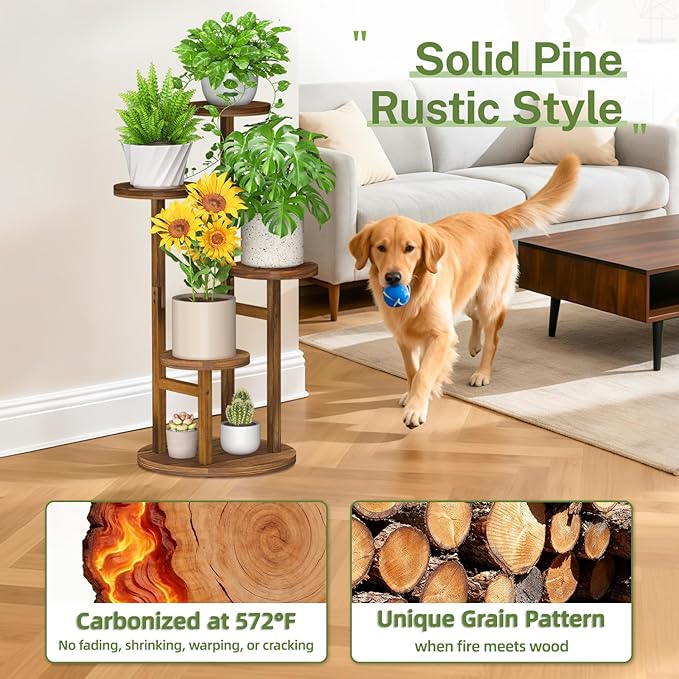 iDavosic.ly 4 Tier Plant Stand Indoor with Grow Light, Tiered Corner Wood Multiple Flower Holder Shelf, Tall Orchid Display Rack for Living Room Bedroom, Brown
