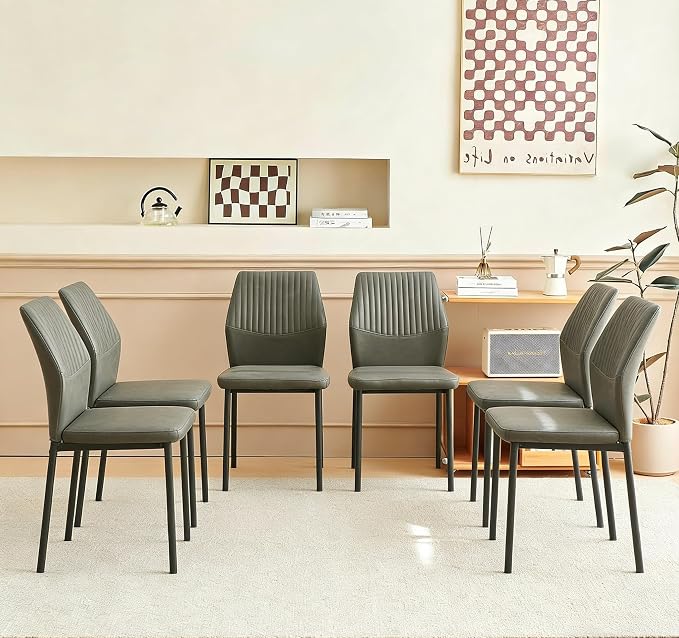 Dining Chairs Set of 6, Dark Grey PU Leather Dining Chairs, Comfortable Upholstered Armless Kitchen Chairs with Black Metal Legs for Living Room, Dining Room, Kitchen
