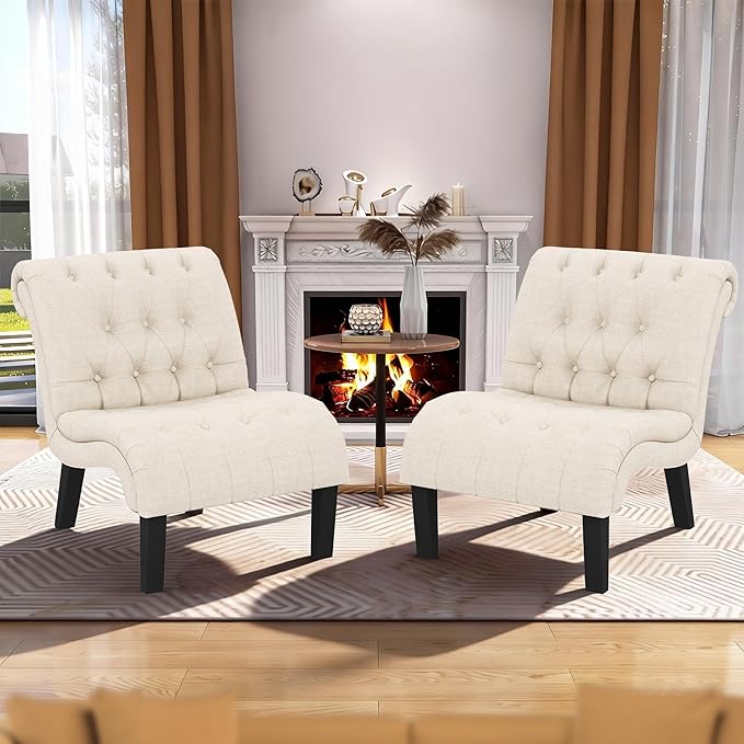 Mid Century Modern Accent Chair, Button Tufted Armless Lounge Chair, Upholstered Linen Side Chair with Solid Wood Legs for Bedroom, Living Room, Office