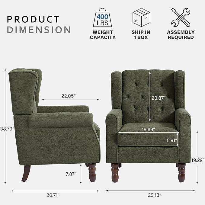 Accent Chairs Set of 2, High Back Upholstered Chair with Button Tufted, Mid-Century Modern Comfy Wingback Chair Reading Armchair in Fabric for Living Room for Bedroom, Office-Green