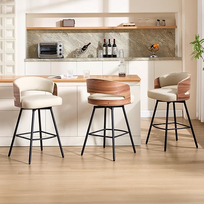 Swivel Bar Stools Set of 3, 26" Counter Height Bentwood Barstool, Upholstered Faux Leather Barstools with Walnut Back, Mid Century Modern Bar Chairs for Kitchen Island, Bar