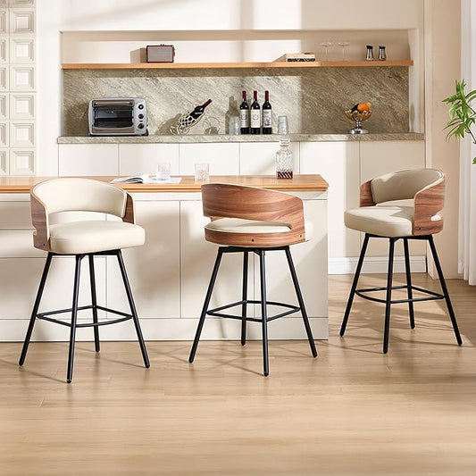 Swivel Bar Stools Set of 3, 26" Counter Height Bentwood Barstool, Upholstered Faux Leather Barstools with Walnut Back, Mid Century Modern Bar Chairs for Kitchen Island, Bar