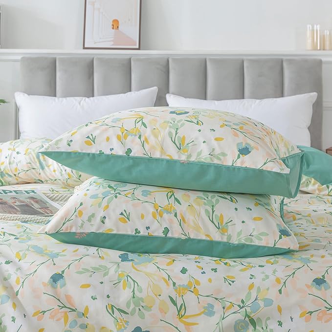 HoneiLife Duvet Cover Queen Size - Cotton Comforter Cover Floral Duvet Cover Sets 3-PC, Wildflower Duvet Cover with Zipper Closure & Corner Ties, Botanical Comforter Cover Sets, Ink-Painting