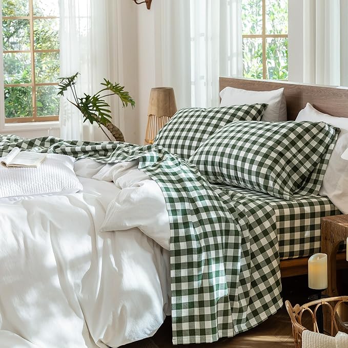 MooMee Gingham Sheet Set 100% Washed Cotton Linen Like Textured Breathable Soft w/Fully Elasticized 16-19" Deep Pocket (Buffalo Plaid Forest Green, Queen)