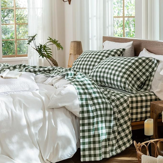 MooMee Gingham Sheet Set 100% Washed Cotton Linen Like Textured Breathable Soft w/Fully Elasticized 16-19" Deep Pocket (Buffalo Plaid Forest Green, Queen)