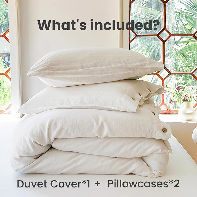 Simple&Opulence 100% Linen Duvet Cover Set 3pcs with Coconut Button Closure Natural French Washed Flax Solid Color Soft Breathable Farmhouse Bedding - White, California King