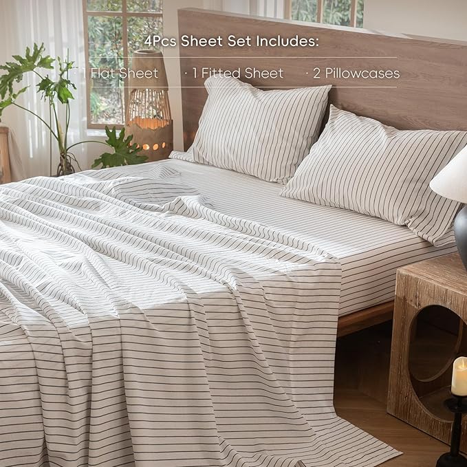 MooMee Striped Sheet Set 100% Washed Cotton Linen Like Textured Breathable Durable Soft Comfy (White Dark Grey Wide Stripes, King)