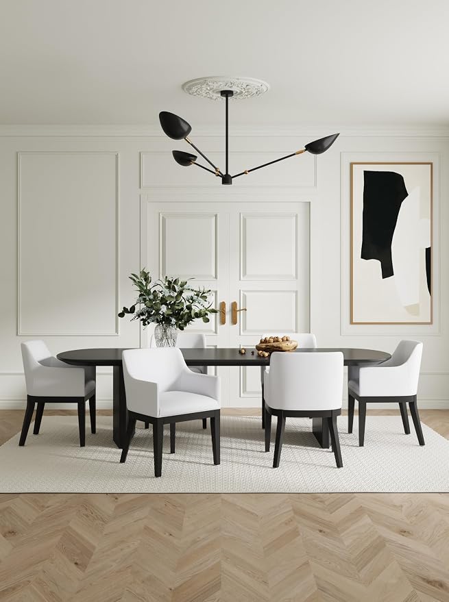 Manhattan Comfort Gansevoort Modern Faux Leather Dining Chair with Arms, Leatherette Upholstery on Solid Beech Wood Frame, Accent Furniture for Kitchen Table or Office, Set of 1, Cream