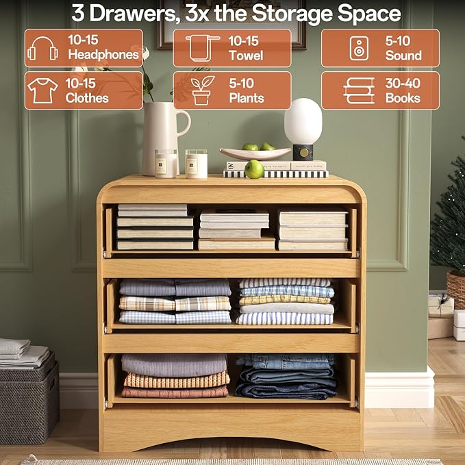 3 Drawer Dresser with Pre-Installed Slides, 32" Wide Modern Wood Chest of Drawers, Compact Storage Dresser for Bedroom Hallway Closet, Natural Oak