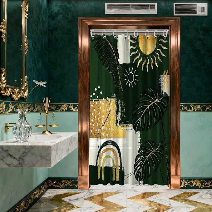Small Stall Narrow Green and Gold Shower Curtain Bohemian Stand Up Abstract Shower Curtains for Rv Camper Bathroom Decor Sets, Waterproof Cloth Fabric with Hooks, 36 x 72 Inch